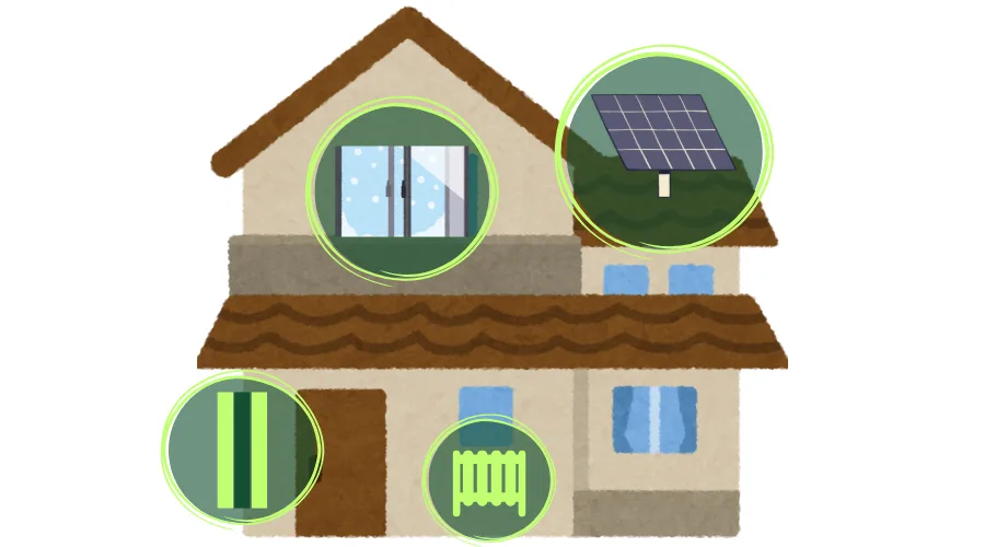 A large house highlighting the measures on how to improve your epc rating including solar panels, double glazing, wall insulation and radiator controls.