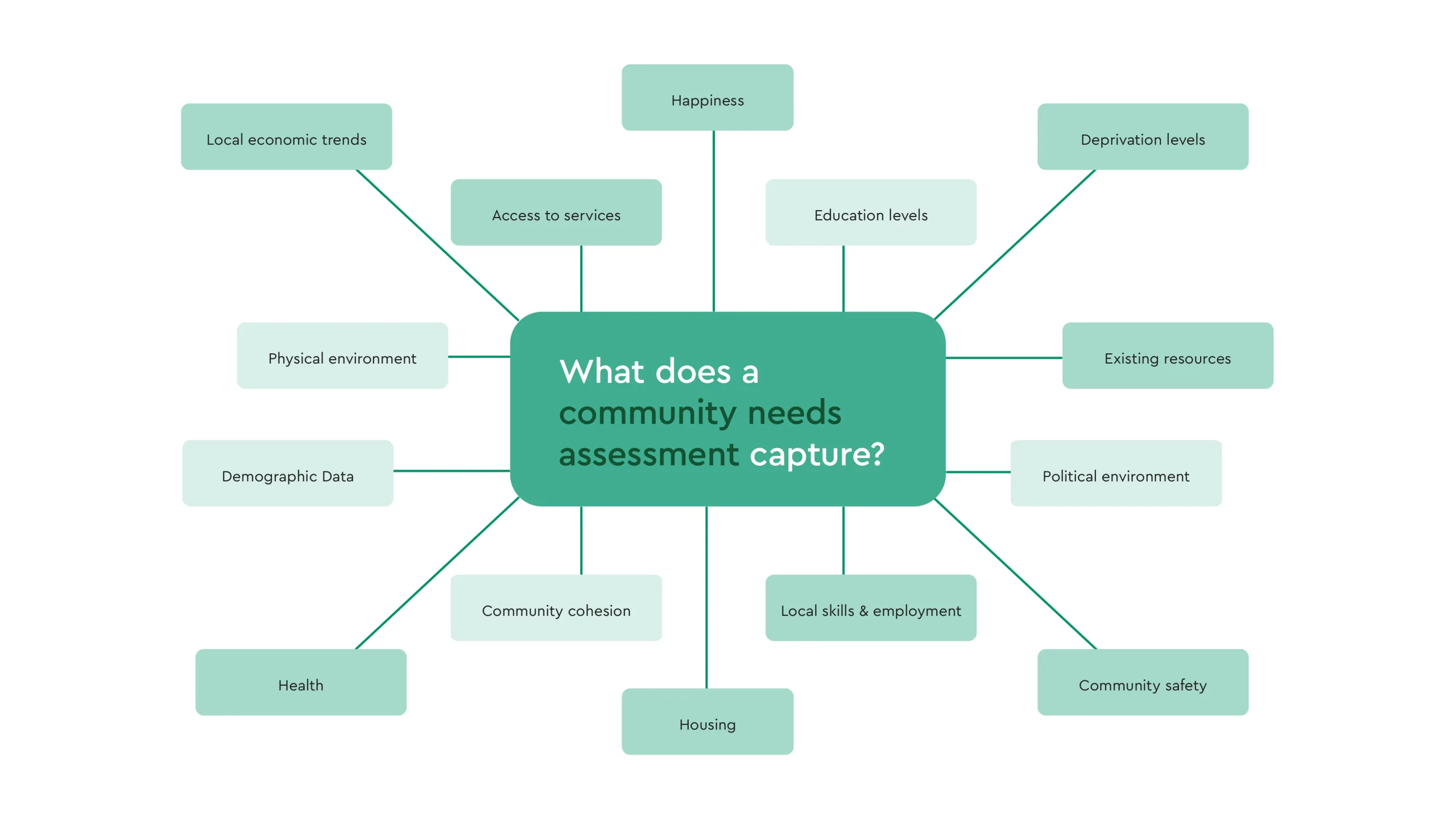 Spider chart of what Cyd Innovation's Community Needs Assessment measures